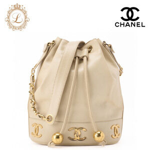 Chanel Chain Shoulder Bag Caviar Triple Coco Drawstring Ivory White